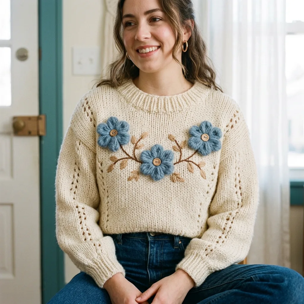 3D Floral Appliqué Cream Sweater Crochet Pattern