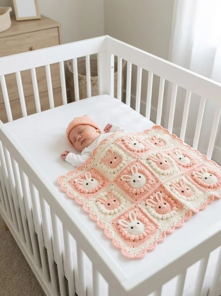 Adorable Bunny Granny Square Baby Blanket Free Crochet Pattern