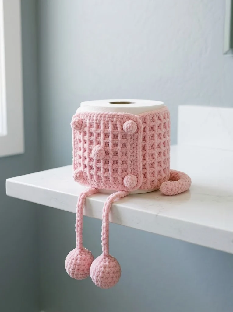 Adorable Pink Toilet Paper Cozy with Legs Free Crochet Pattern
