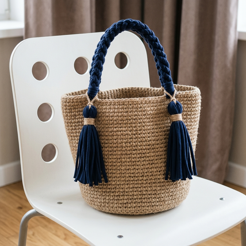 Beige Jute Tote Bag with Navy Tassels Free Crochet Pattern