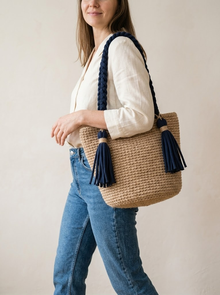 Beige Jute Tote Bag with Navy Tassels Free Crochet Pattern