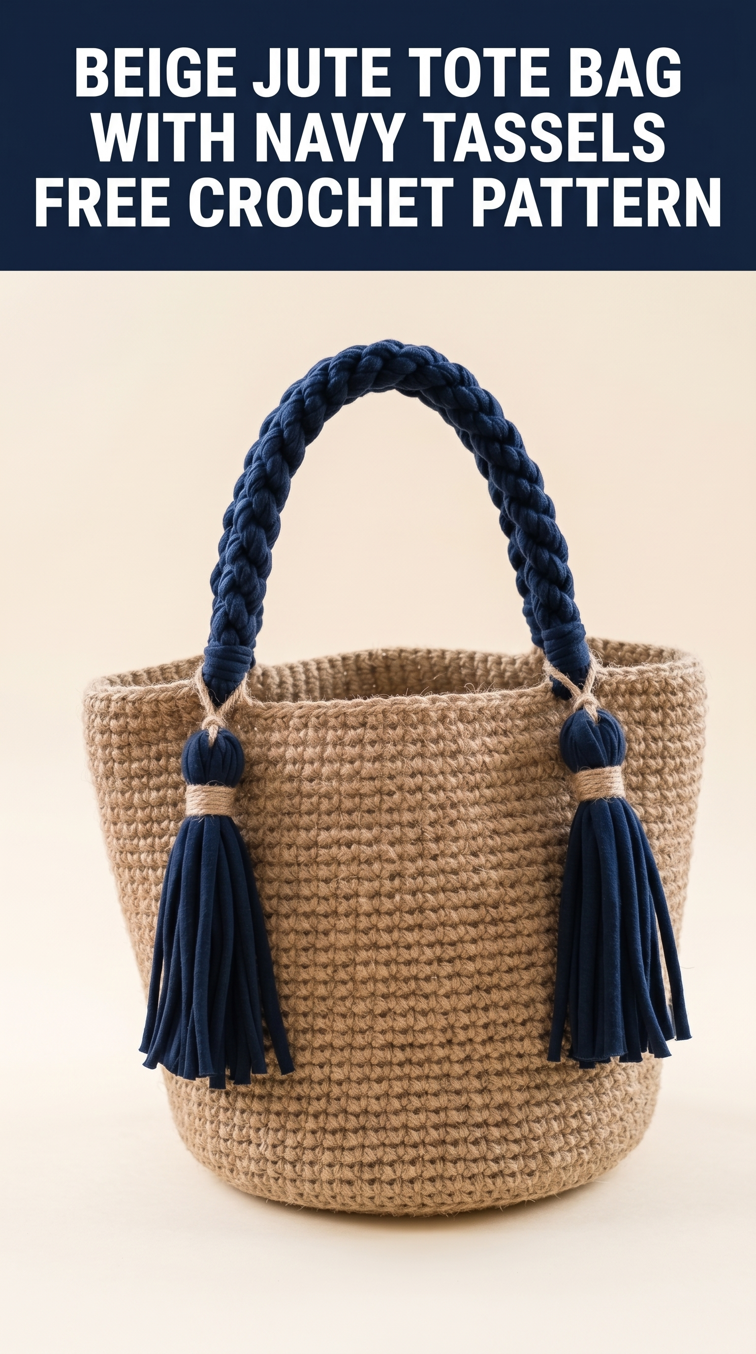 Beige Jute Tote Bag with Navy Tassels Free Crochet Pattern
