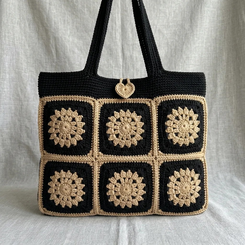 Black and Tan Granny Square Tote Crochet Pattern