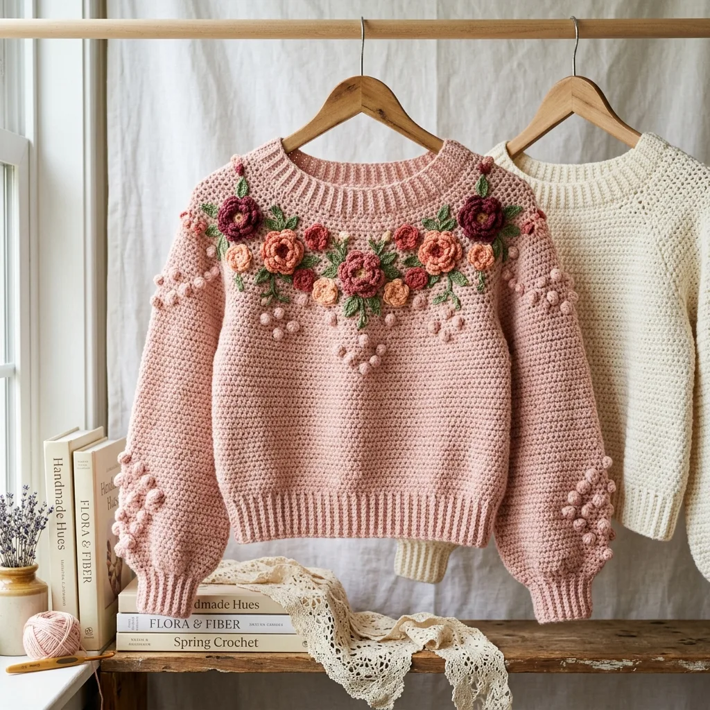 Blush Floral Bobble Sweater Crochet Pattern