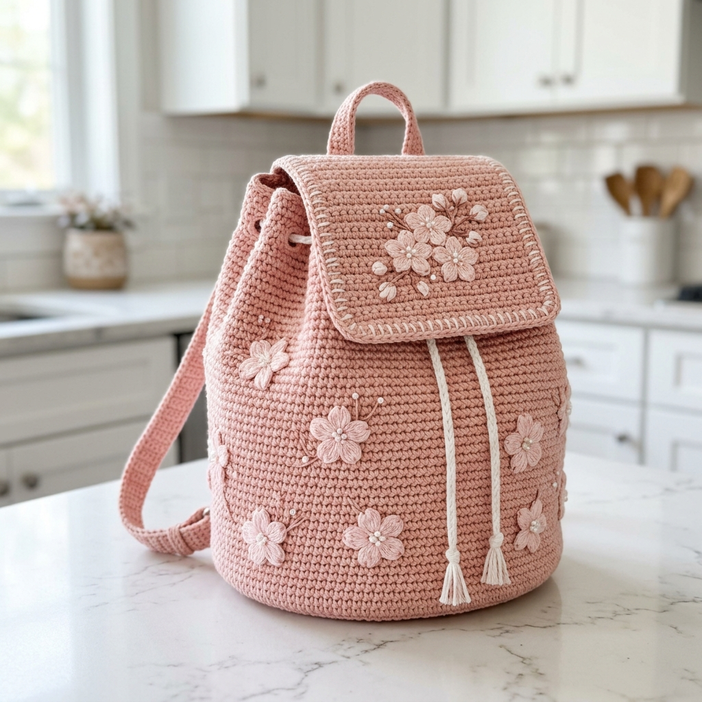 Blush Pink Cherry Blossom Backpack Crochet Pattern