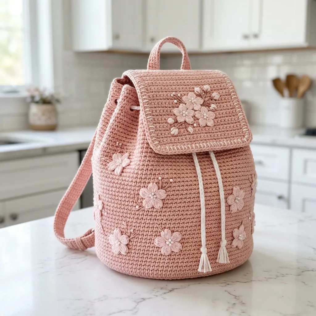 Blush Pink Cherry Blossom Crochet Backpack
