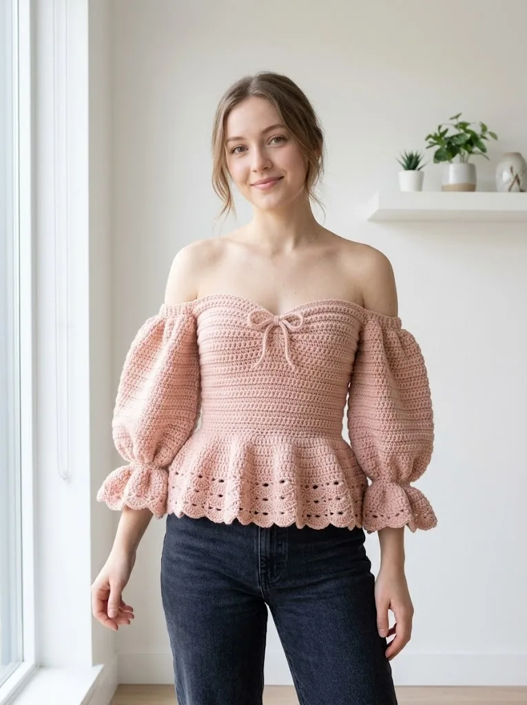 Blush Pink Feminine Peplum Crochet Top Free Pattern