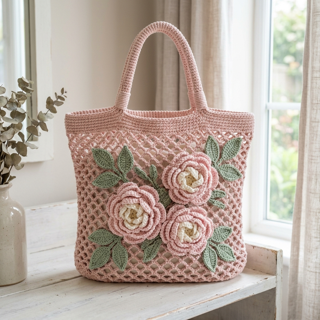 Blush Pink Peony Mesh Tote Crochet Pattern