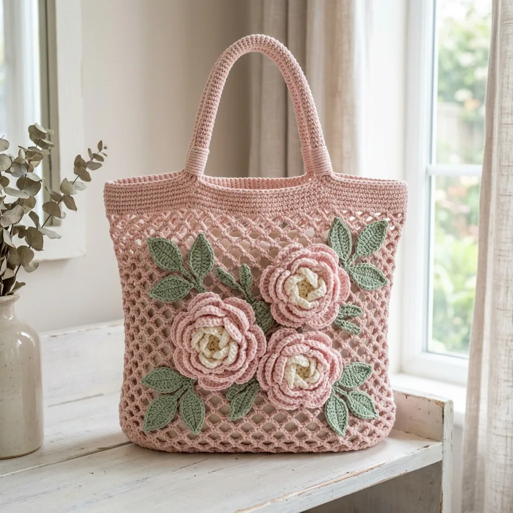 Blush Pink Peony Mesh Tote Crochet Pattern