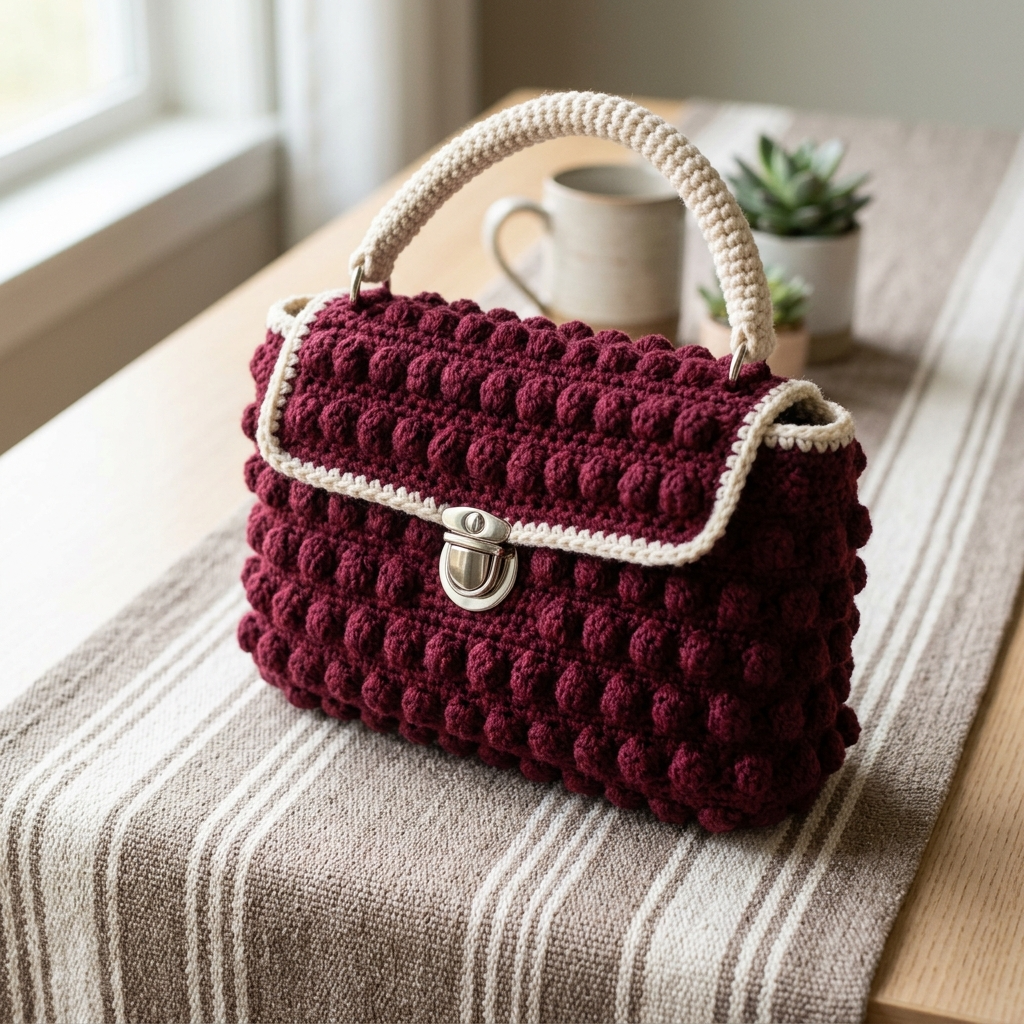 Burgundy Bobble Stitch Handbag Crochet Pattern