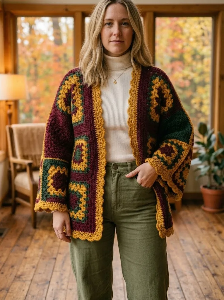 Burgundy Granny Square Patchwork Cardigan Free Crochet Pattern