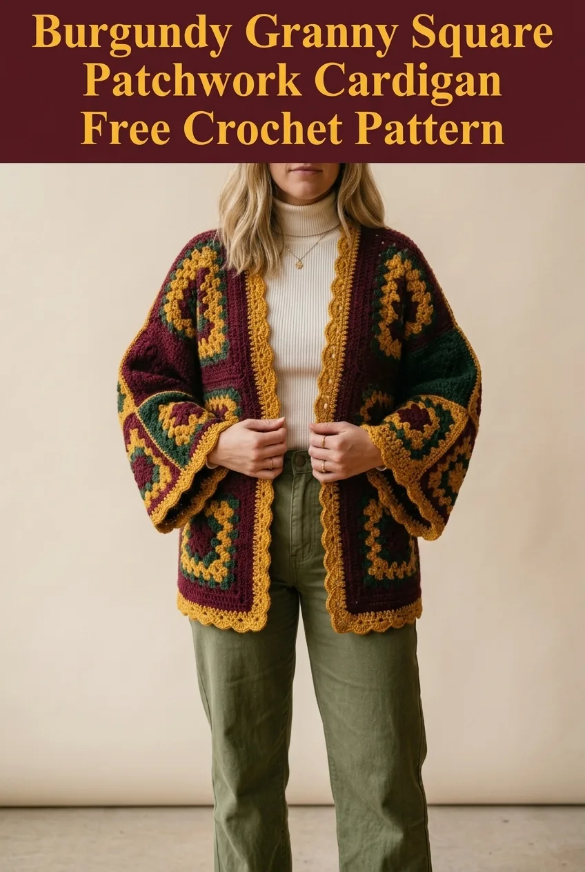 Burgundy Granny Square Patchwork Cardigan Free Crochet Pattern