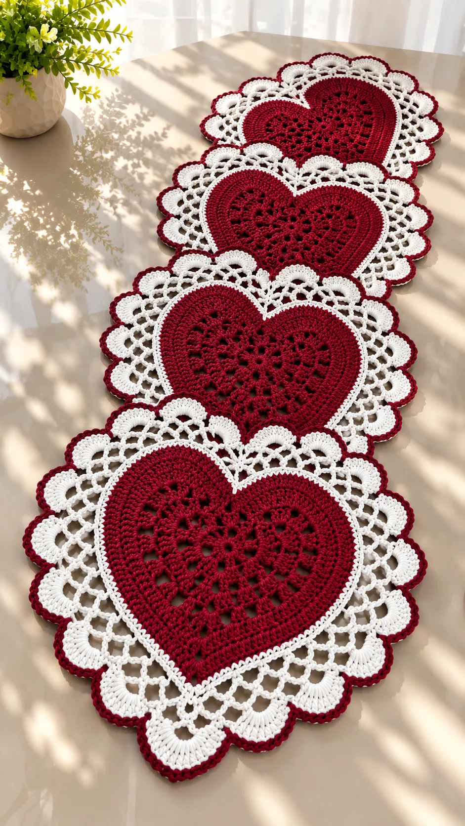 Burgundy Heart Lace Table Runner Crochet Pattern
