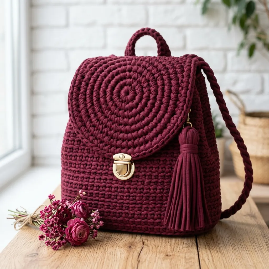 Burgundy T-Shirt Yarn Crochet Backpack