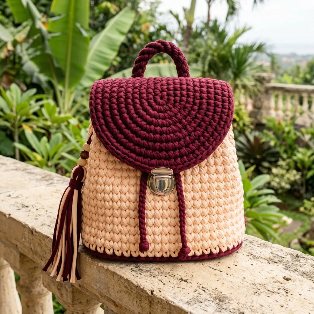 Burgundy and Cream Crochet Backpack