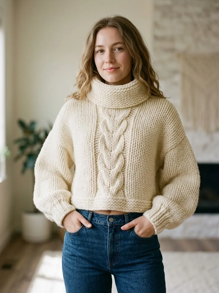 Chunky Cream Cropped Turtleneck Sweater Free Crochet Pattern