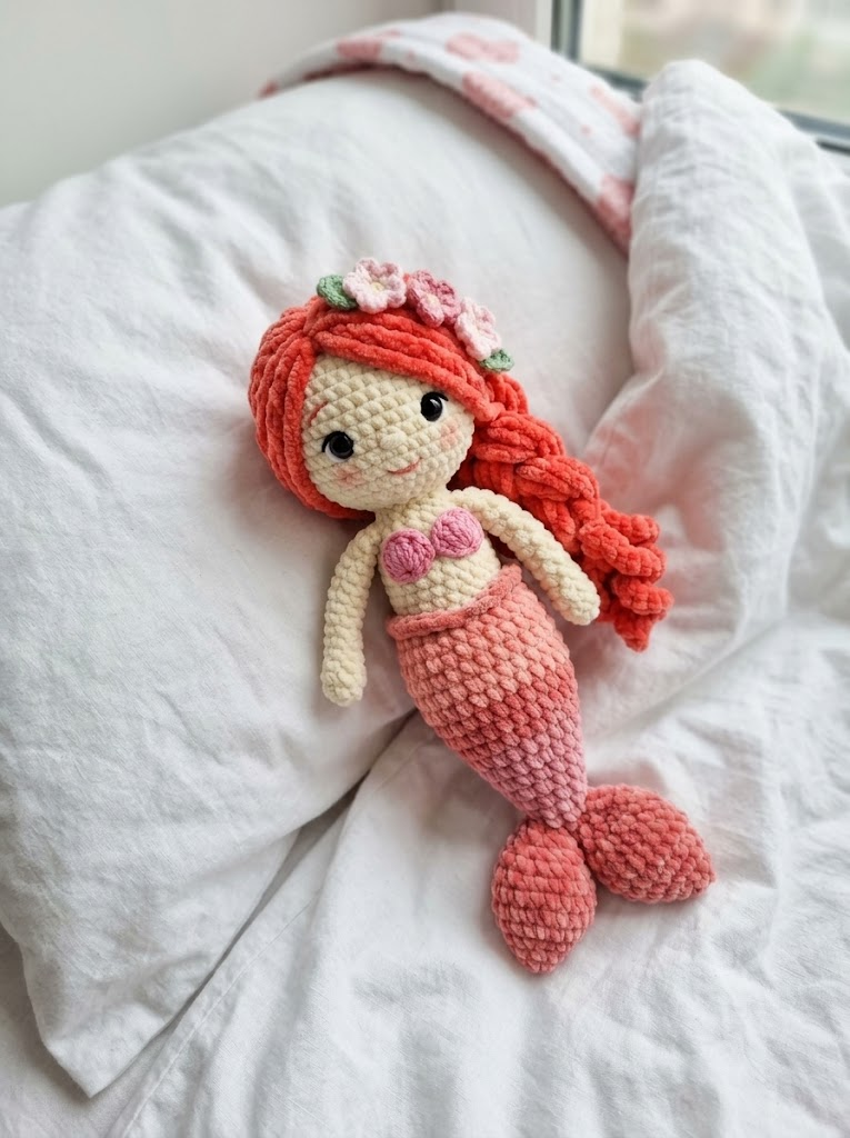 Coral Mermaid Doll with Flower Crown Free Crochet Pattern