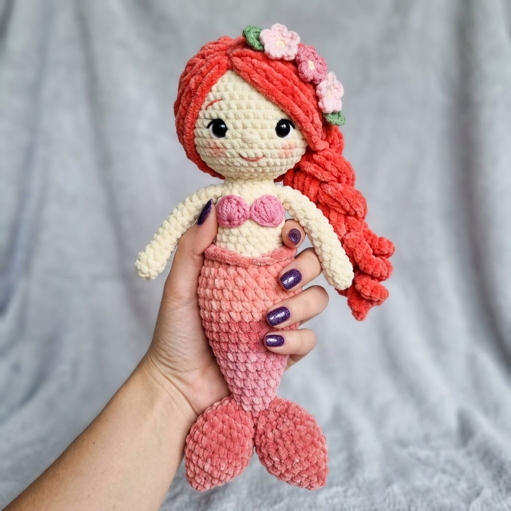 Coral Mermaid Doll with Flower Crown Crochet Pattern (PDF Download)