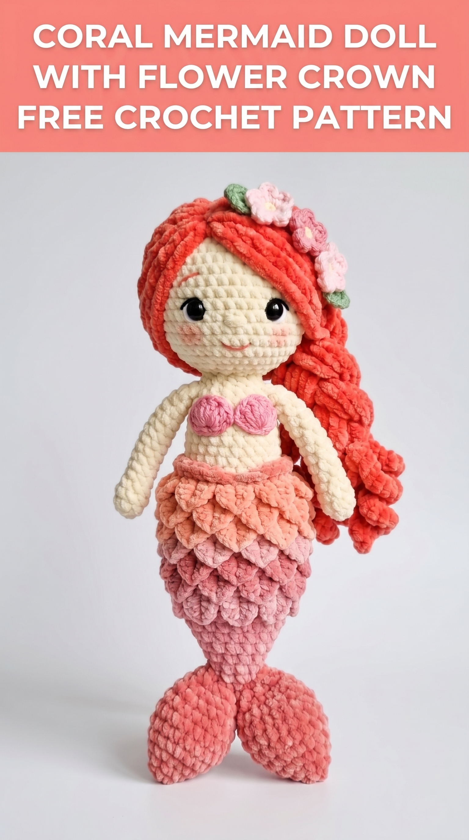 Coral Mermaid Doll with Flower Crown Free Crochet Pattern