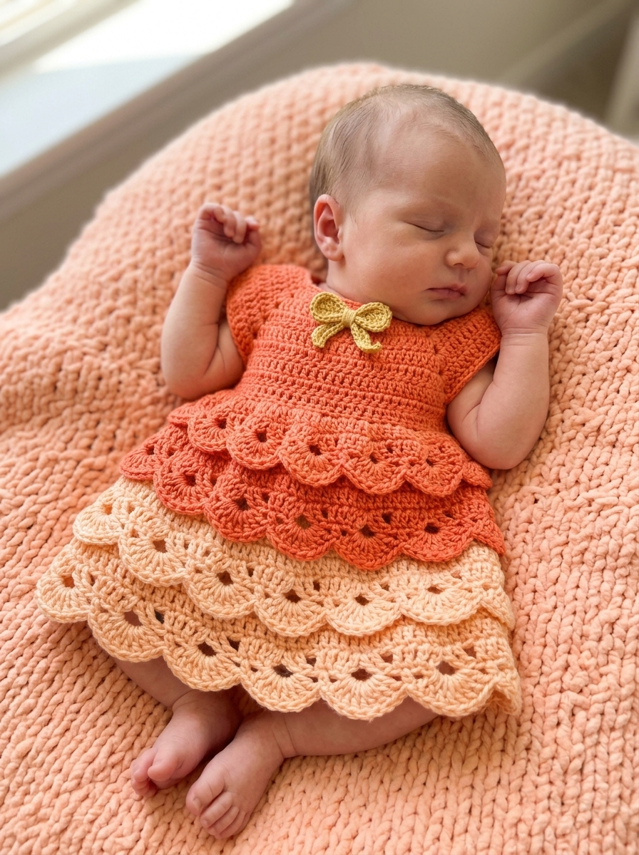 Coral Sunset Tiered Baby Dress Free Crochet Pattern