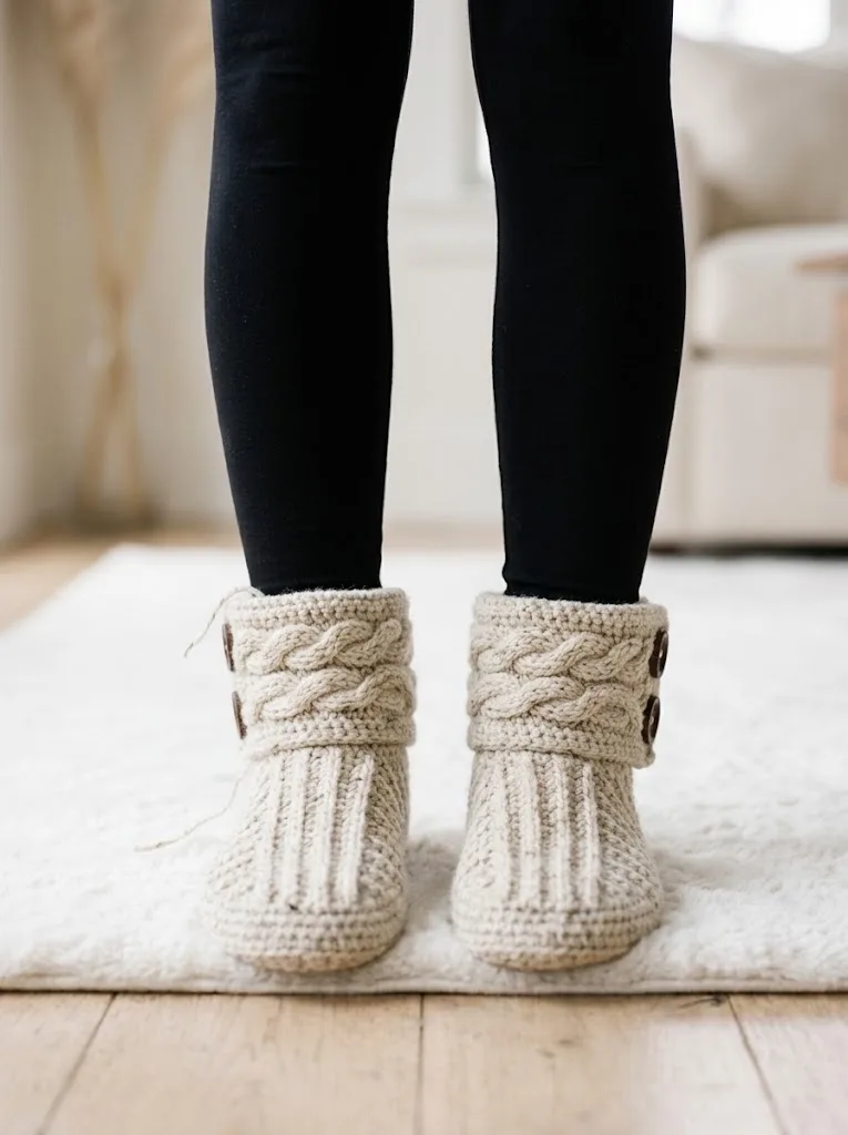Cozy Cable Button Slipper Boots Free Crochet Pattern
