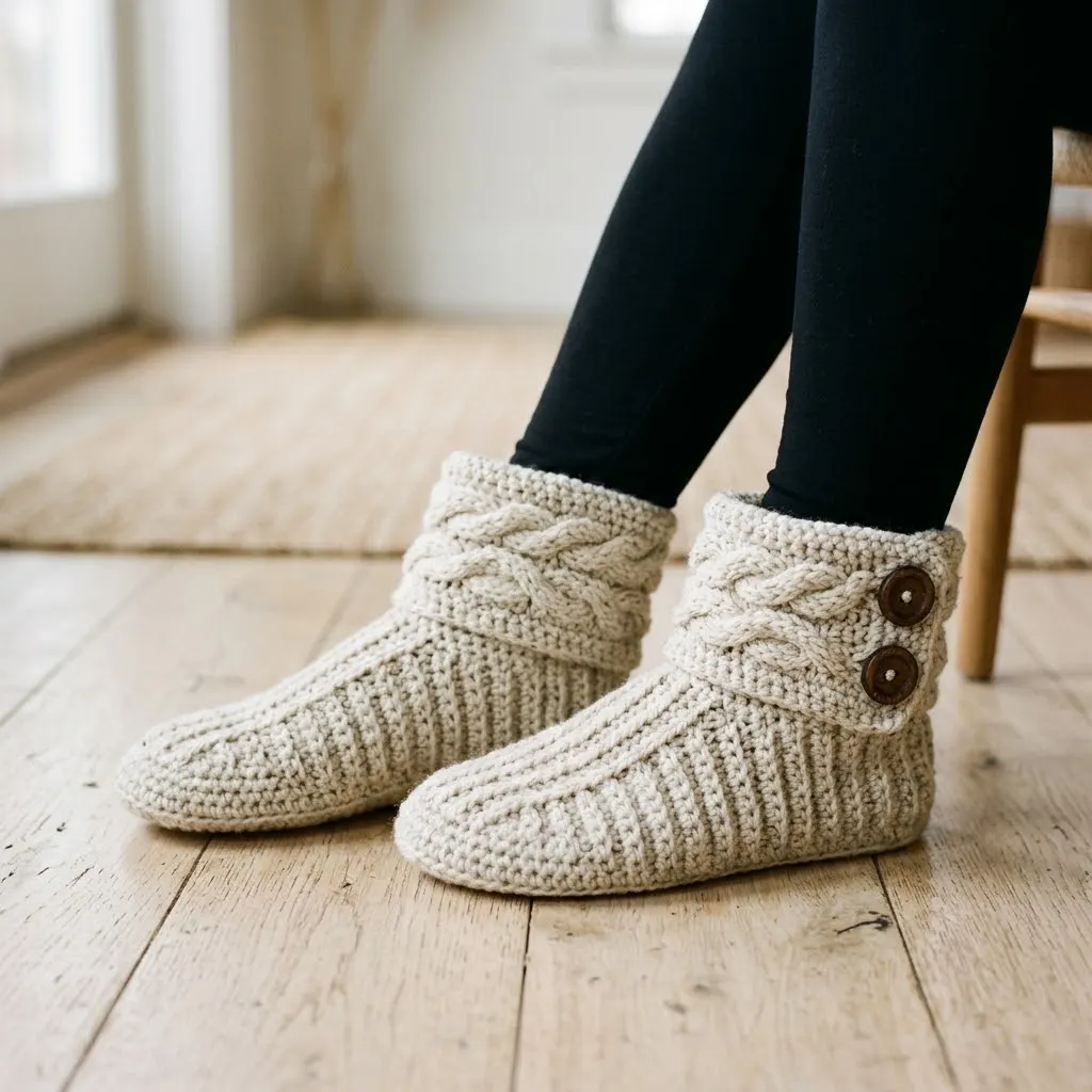 Cozy Cable Button Slipper Boots Free Crochet Pattern