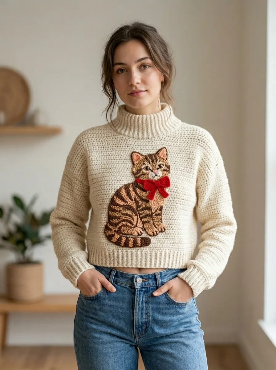 Cozy Cat with Red Bow Sweater Free Crochet Pattern