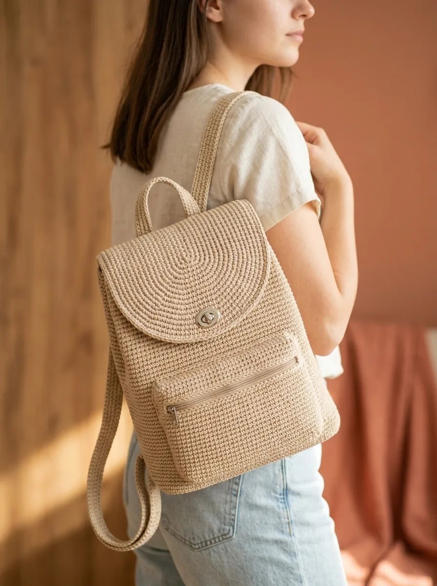 Cream Minimalist Everyday Backpack Free Crochet Pattern