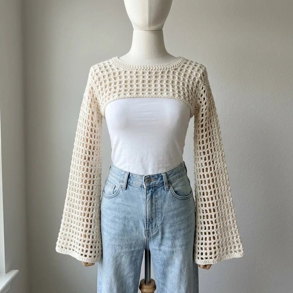 Cream Open Mesh Crochet Shrug Free Crochet Pattern