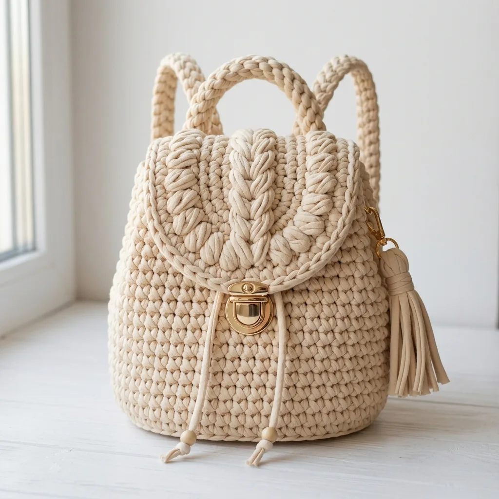 Cream T-Shirt Yarn Backpack Crochet Pattern