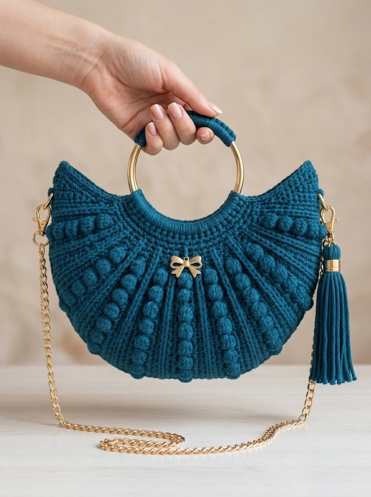 Crescent Moon Handbag with Gold Ring Handle Free Crochet Pattern