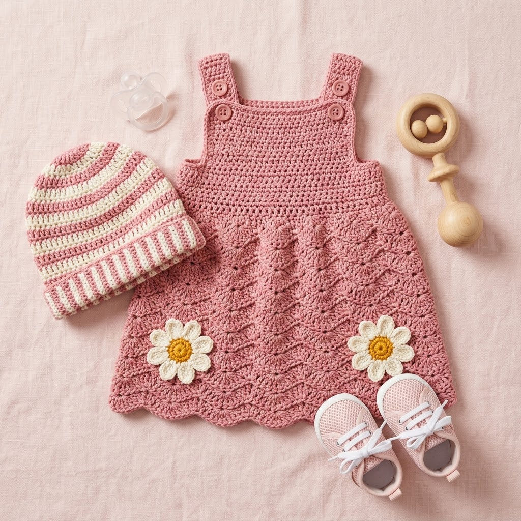 Daisy Flower Baby Pinafore Dress Free Crochet Pattern