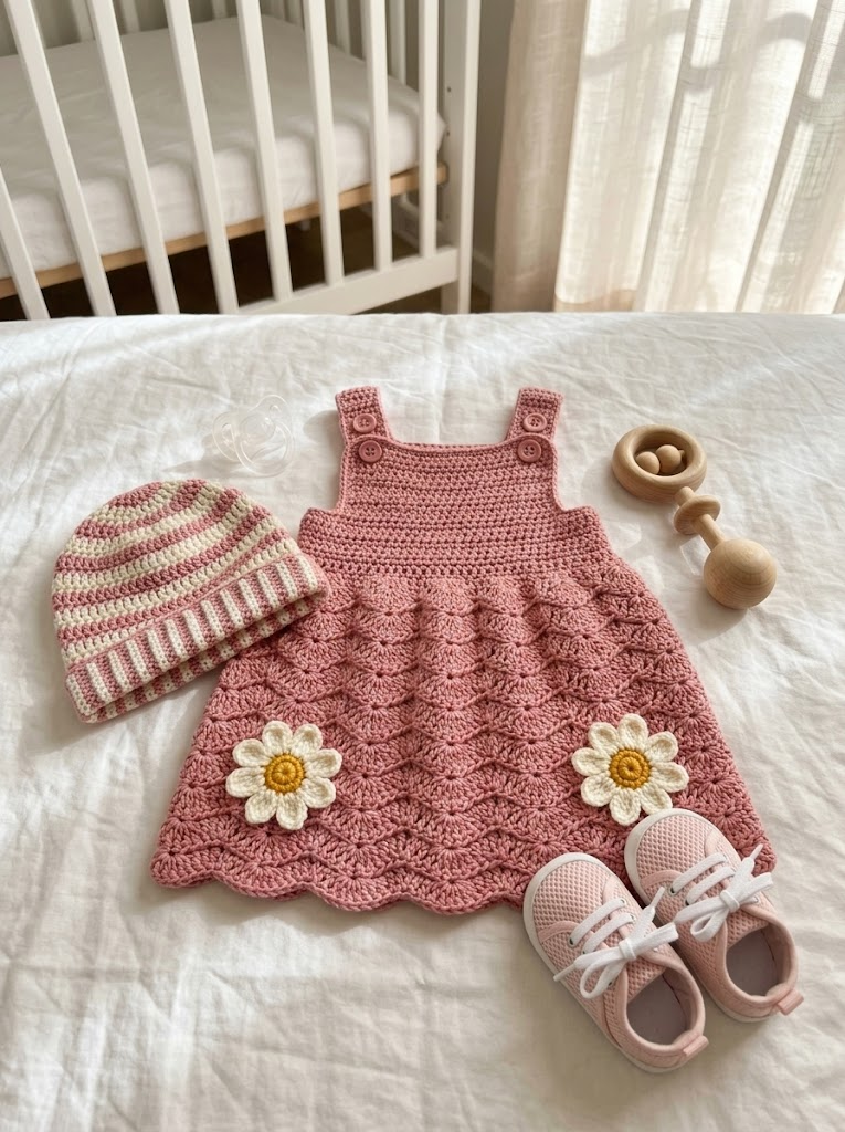 Daisy Flower Baby Pinafore Dress Free Crochet Pattern