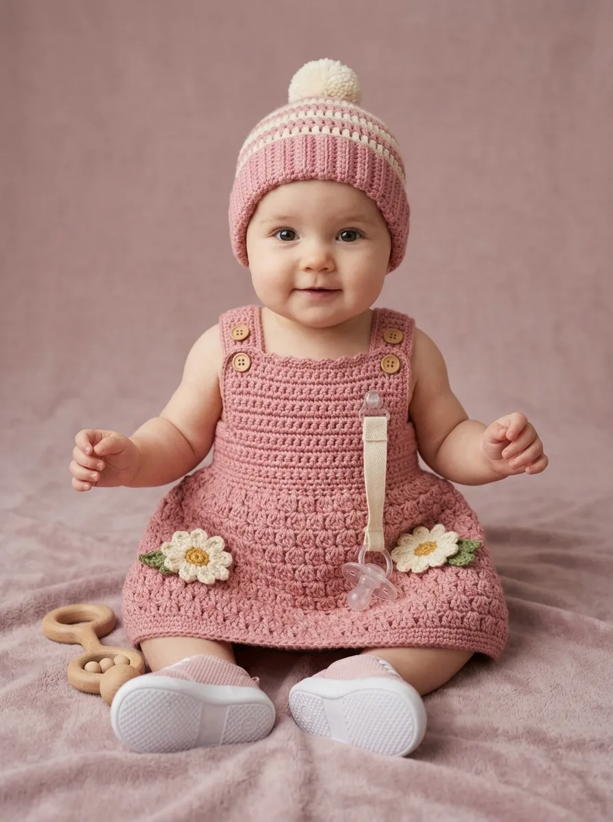 Daisy Pink Baby Pinafore Dress Free Crochet Pattern