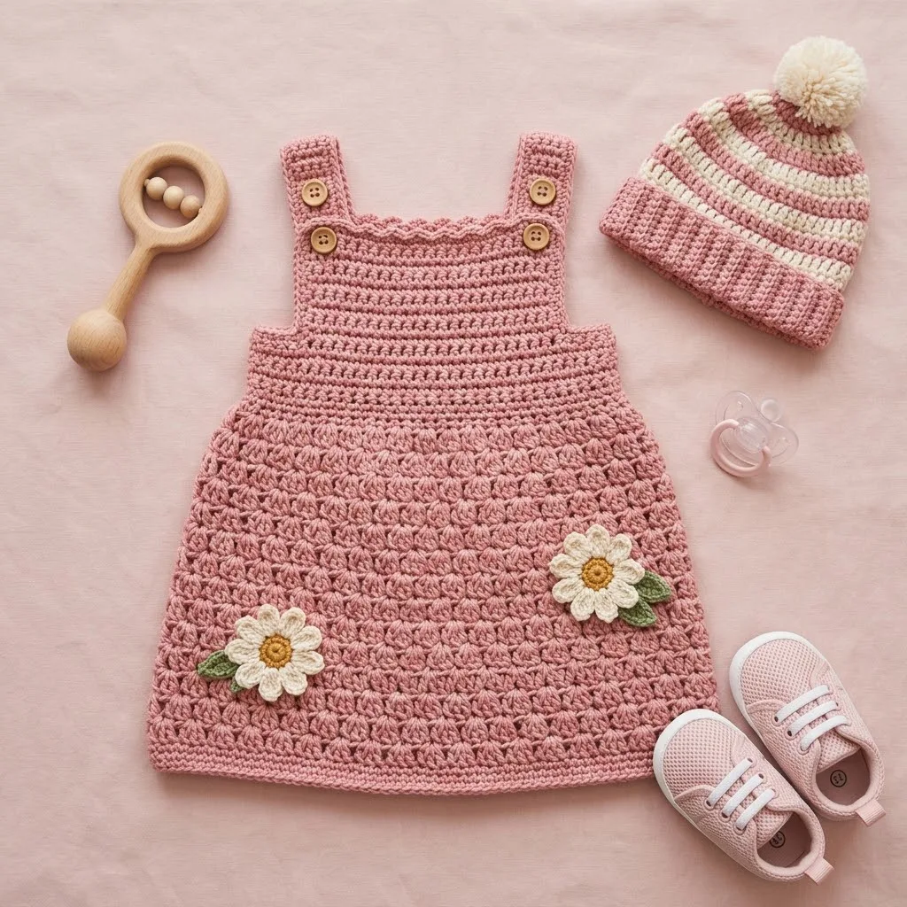 Daisy Pink Baby Pinafore Dress Free Crochet Pattern