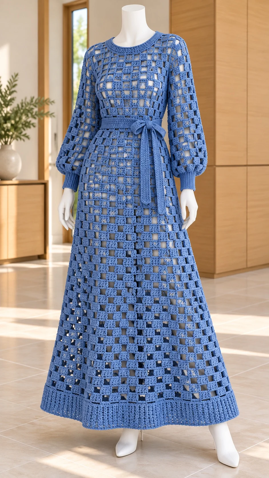 Denim Lattice Balloon Sleeve Dress Crochet Pattern
