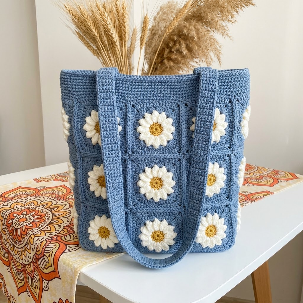 Dusty Blue Daisy Granny Square Tote Free Crochet Pattern