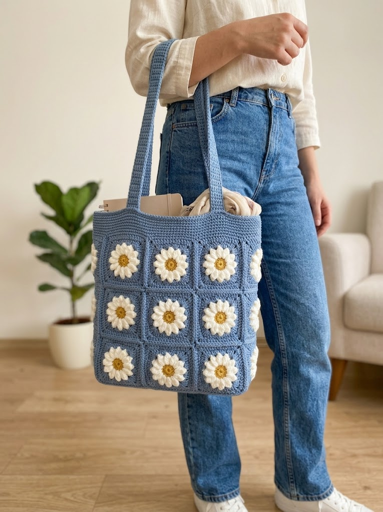 Dusty Blue Daisy Granny Square Tote Free Crochet Pattern