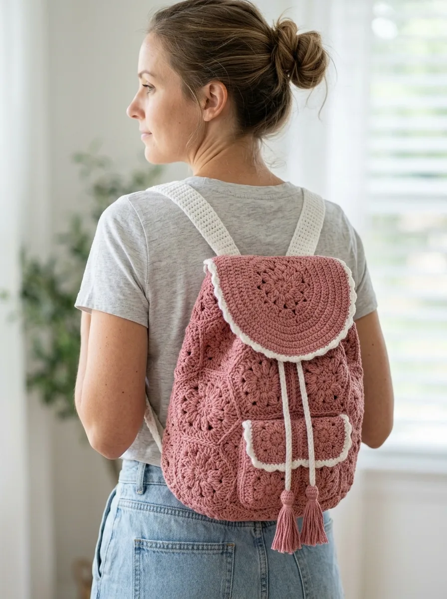 Dusty Rose Floral Granny Backpack Free Crochet Pattern