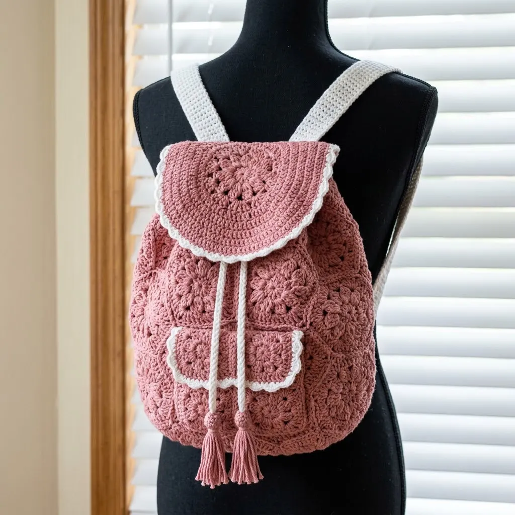 Dusty Rose Floral Granny Backpack Free Crochet Pattern
