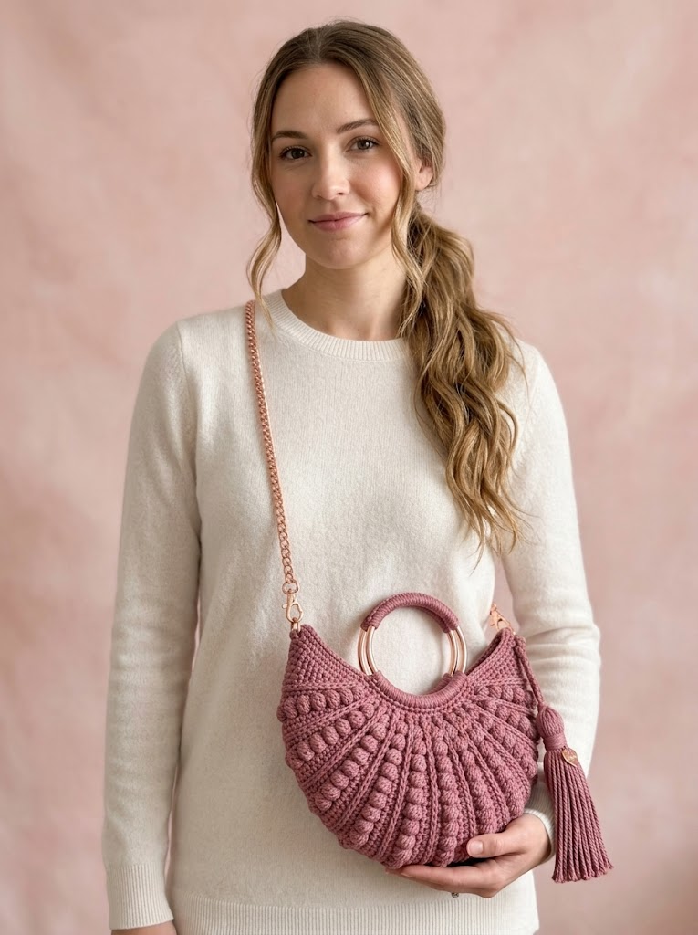 Dusty Rose Seashell Handbag with Copper Chain Free Crochet Pattern