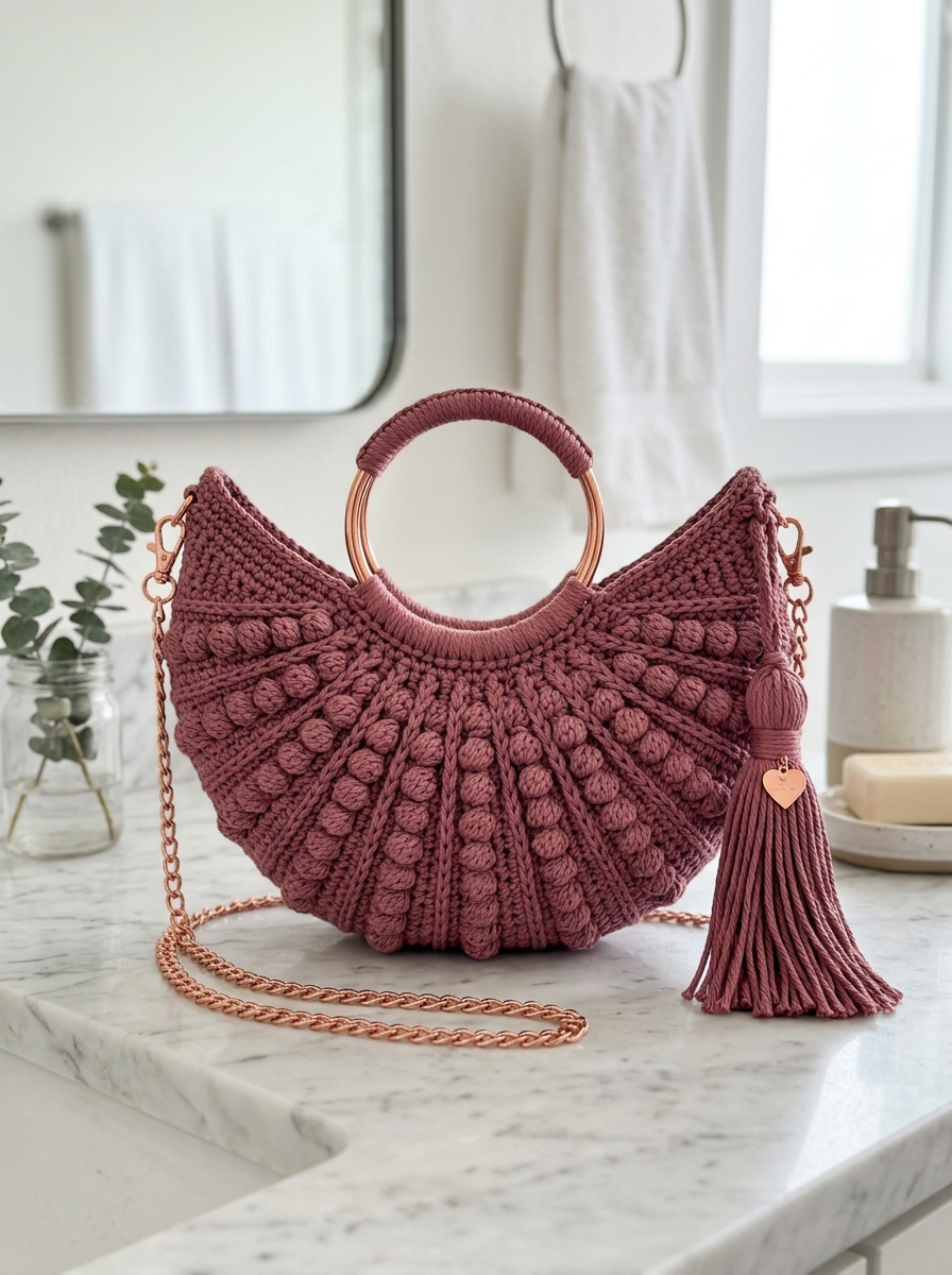 Dusty Rose Seashell Handbag with Copper Chain Free Crochet Pattern