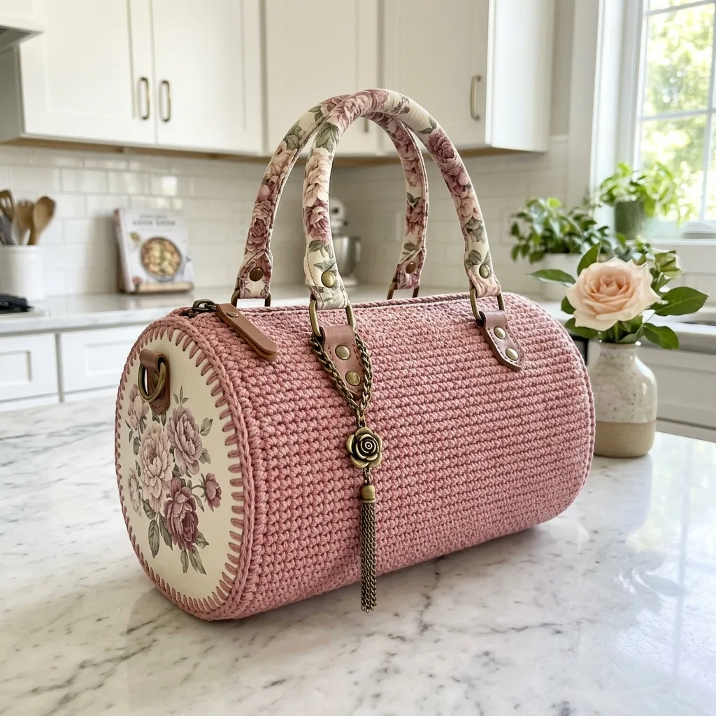 Dusty Rose Vintage Floral Barrel Purse crochet pattern
