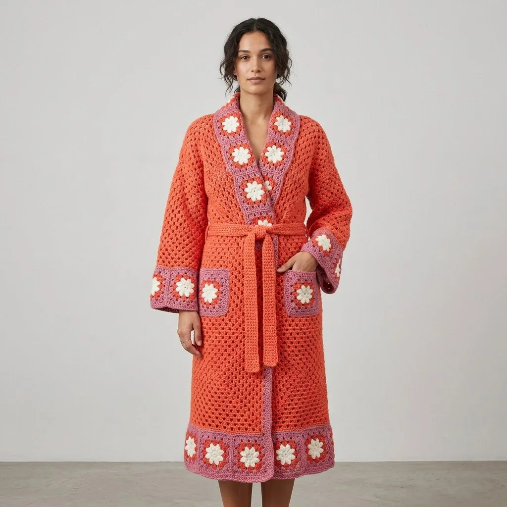 Granny Square Floral Robe Free Crochet Pattern