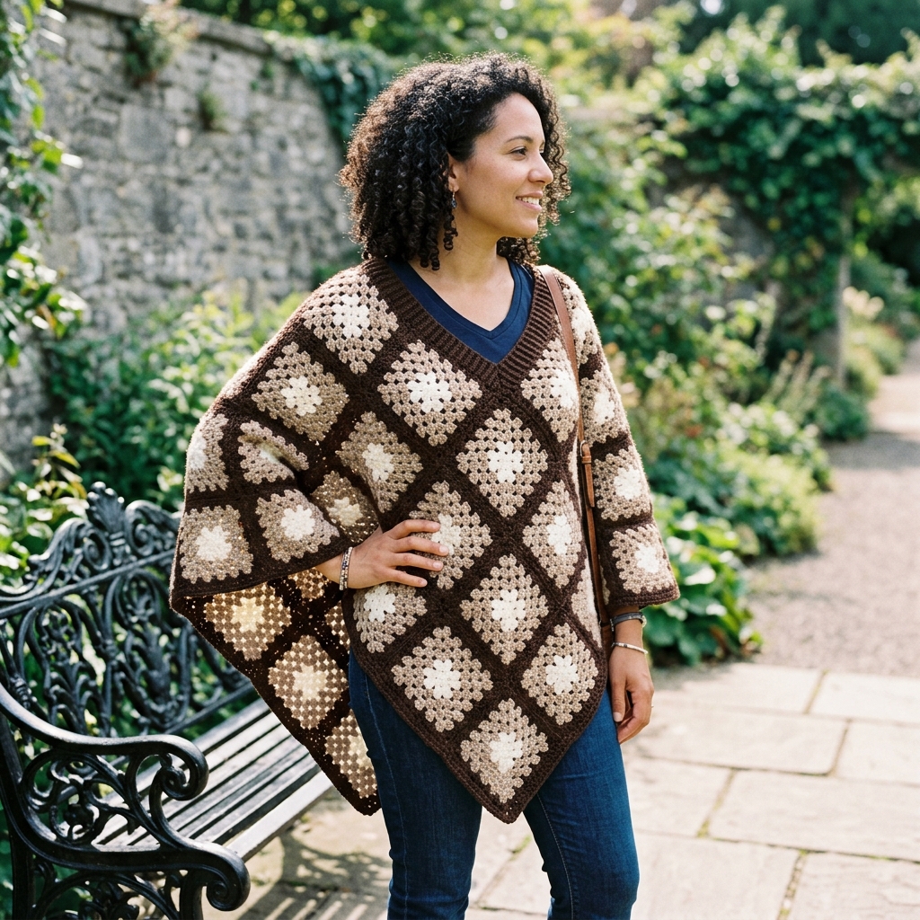 Granny Square Poncho in Brown Tones Crochet Pattern