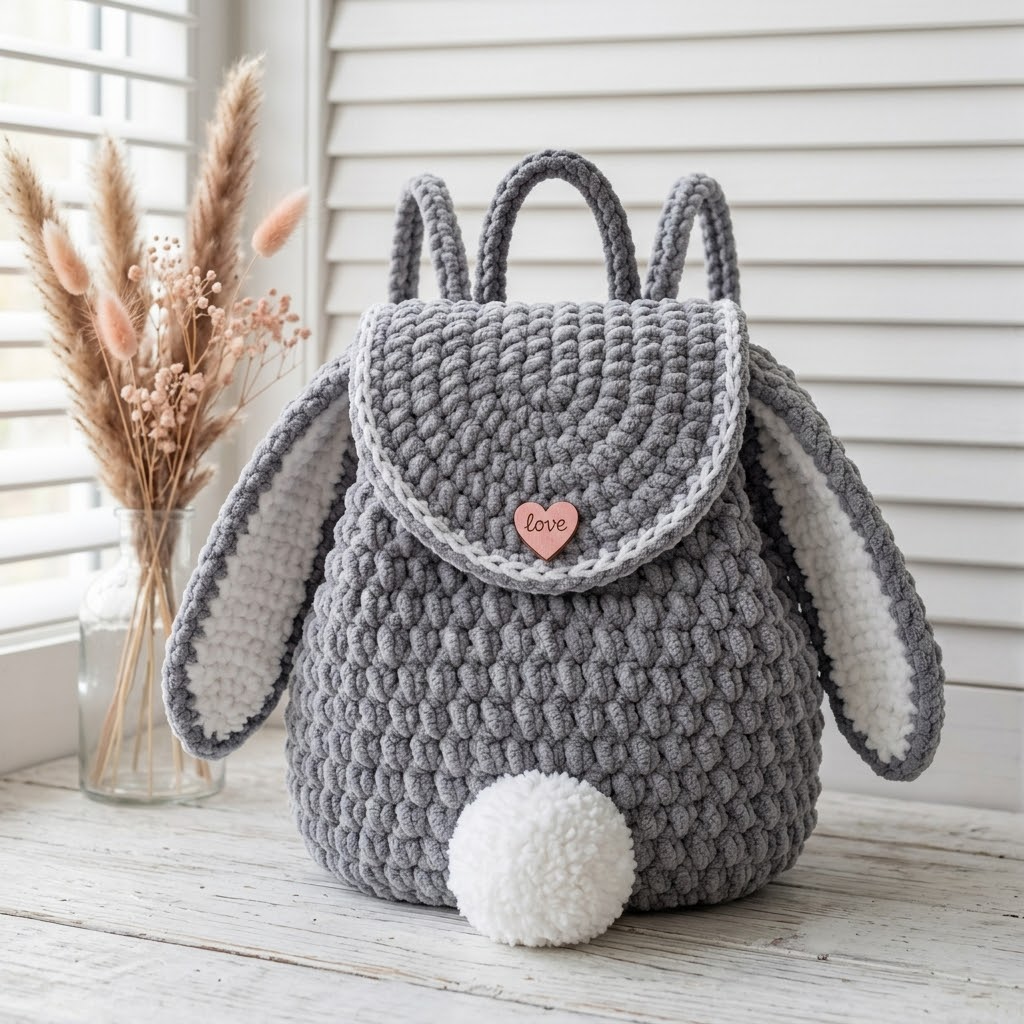 Gray Bunny Ears Backpack Free Crochet Pattern