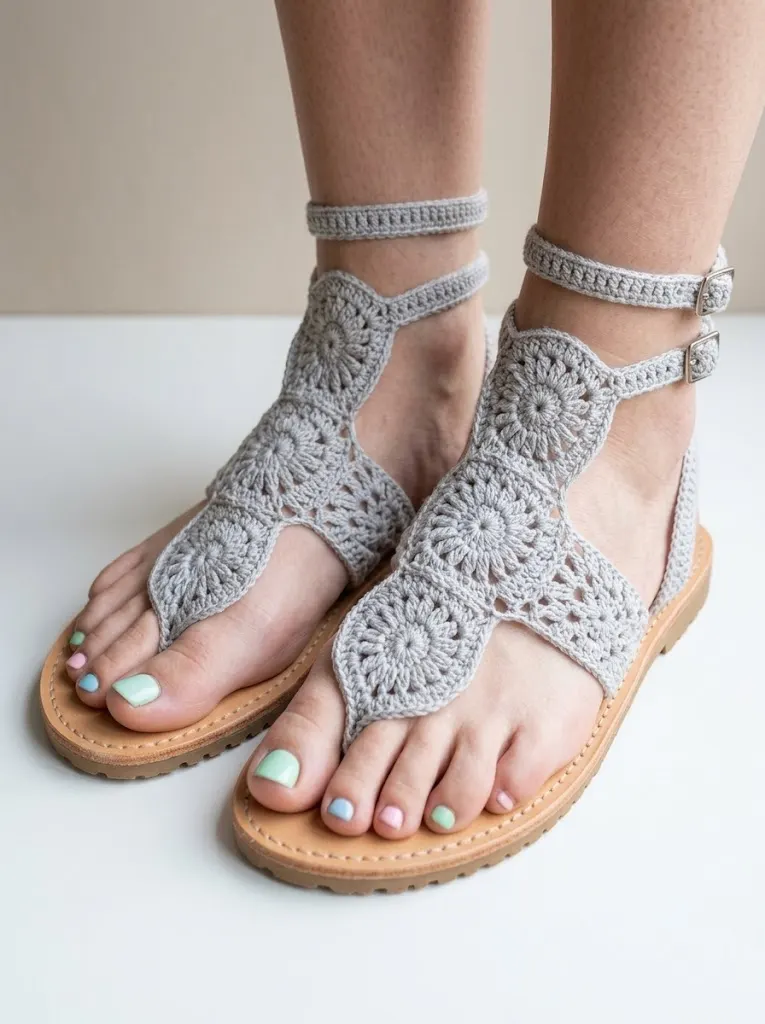 Gray Medallion Crochet Gladiator Sandals Free Pattern