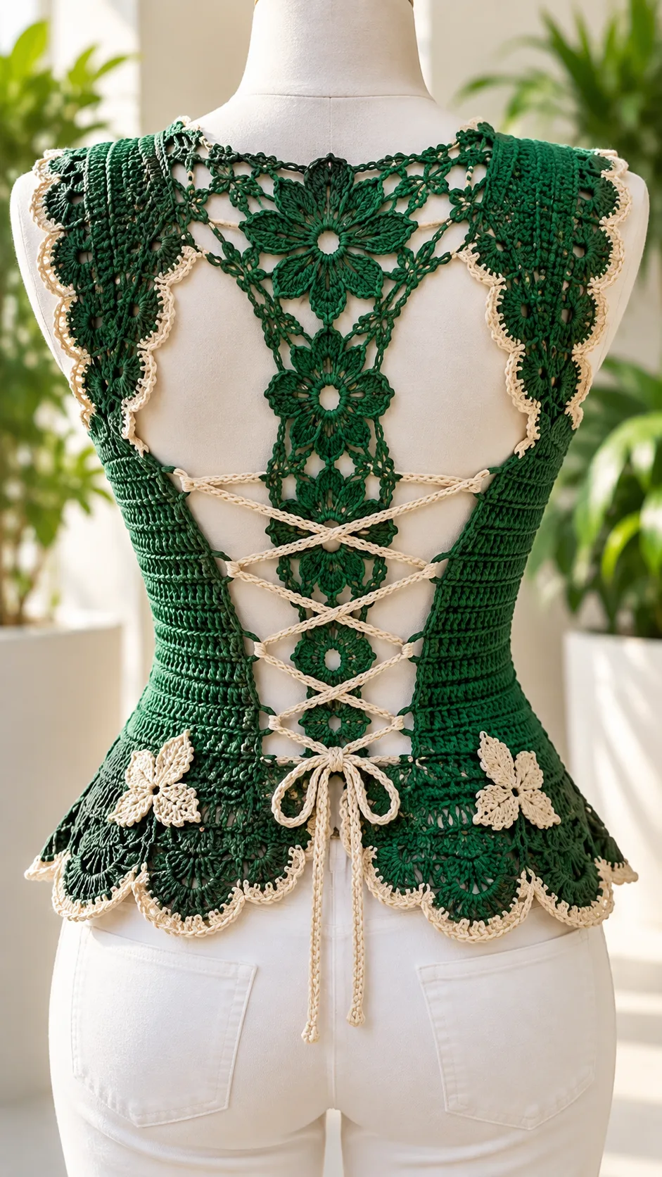 Green Floral Lace-Up Top Crochet Pattern