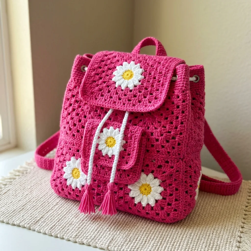 Hot Pink Daisy Drawstring Crochet Backpack