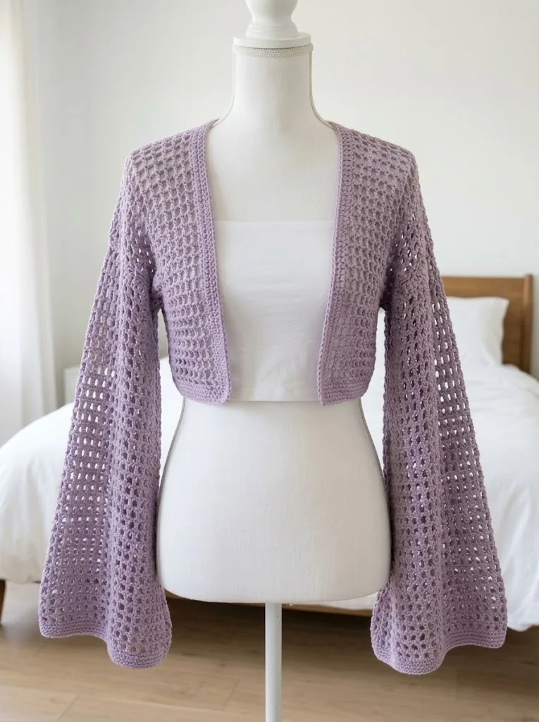 Lavender Boho Mesh Crochet Bell Shrug Free Pattern